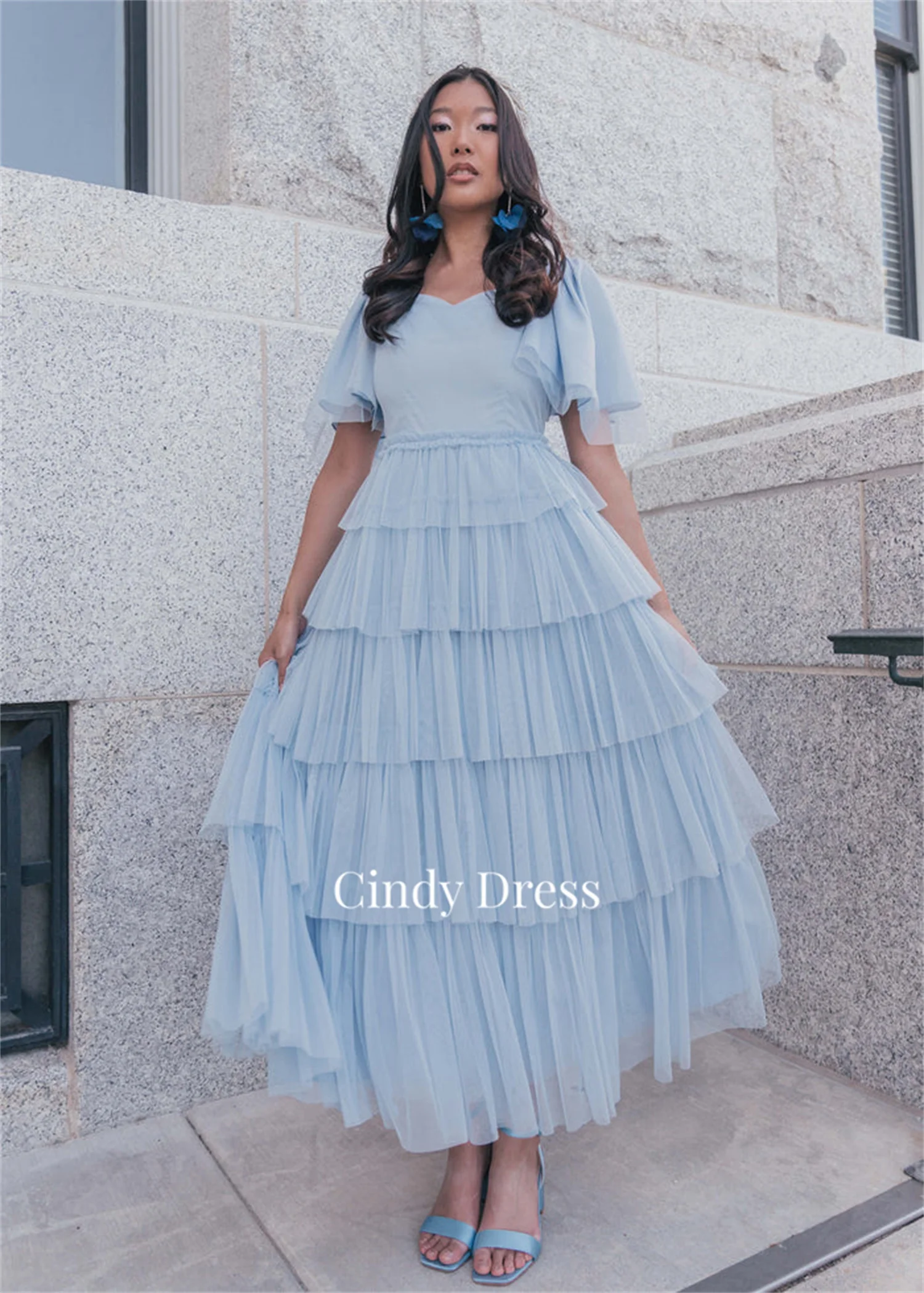 Cindy Sky Blue Multi-layer Puff Sleeves Customized Large Size Evening Dresses for Women 2023 Sharon Happy Dress Elegant Gala