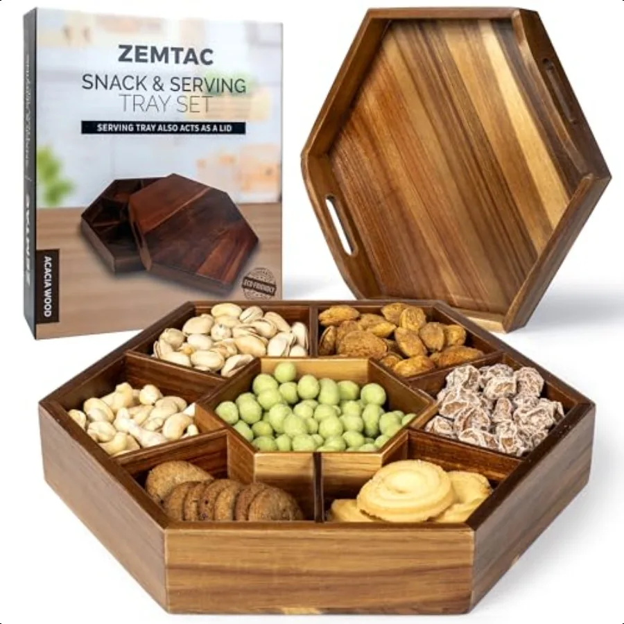 Snack Tray with Lid That Doubles as a Serving Tray 13x11 Acacia Wood Decorative Tray with 7 Compartments for Dry Fruits Nuts He