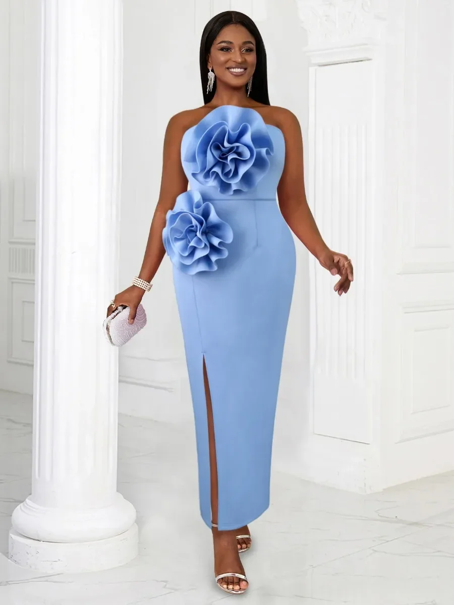 Abito da sera formale da donna Sexy senza spalline senza spalline blu grande fiore elegante Slim Cocktail Prom abito da compleanno Plus Size nuovo