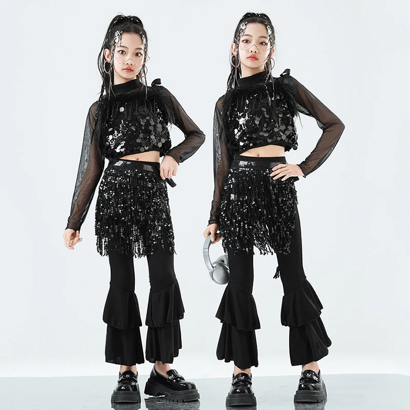 Roupa de palco infantil para dança de jazz, colete preto com lantejoulas, calças largas, fantasia de performance de passarela, roupas de dança de rua kpop 3281
