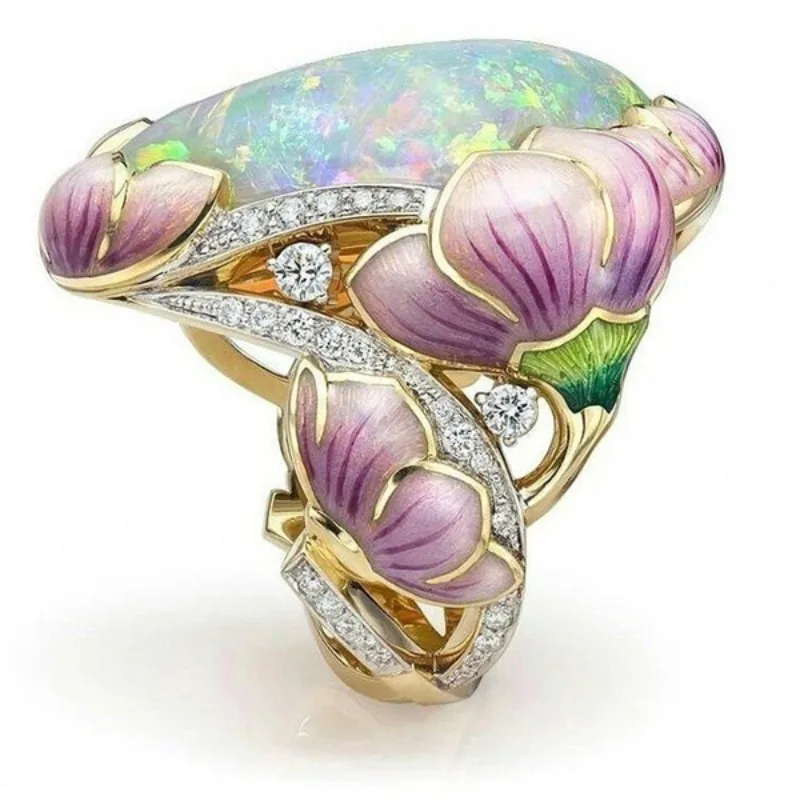 Retro New Originality Women Lotus Flower Rings Trendy Big Opal Rings for Women Wedding Band Party Anniversary Gift for Wife