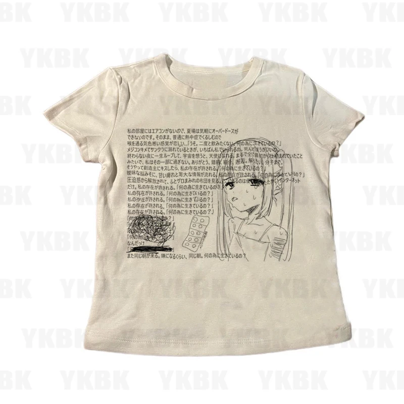 جرافيك هاراجوكو طباعة رسالة أنيمي كم طويل المرأة تي شيرت 90s الملابس خمر النساء الإناث Trashy Y2k 2000s بلايز القوطية