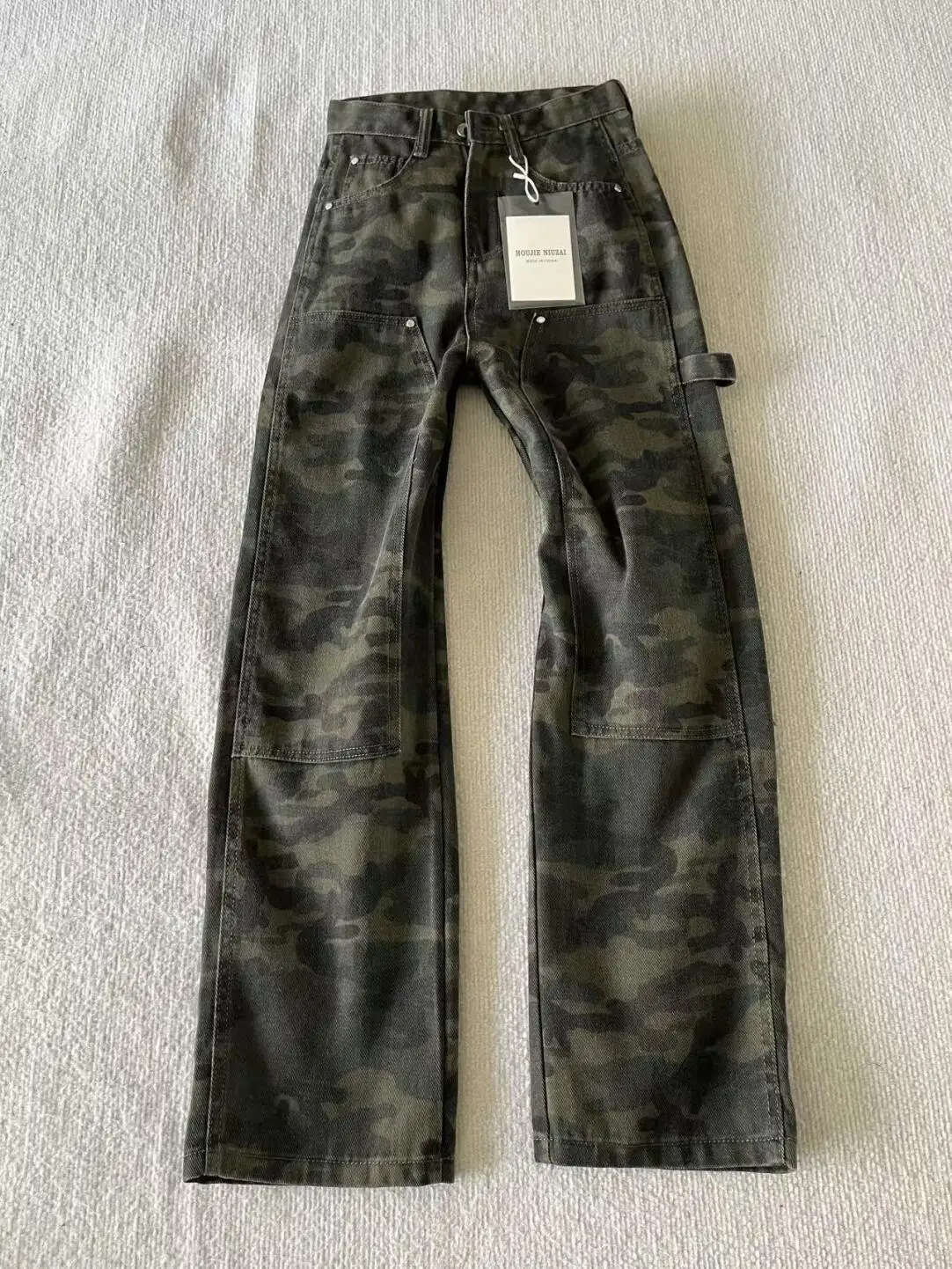Amerikanische Retro-Camouflage-Arbeitsjeans mit hohem Bund und weitem Bein – Neues Damen-Design für Frühling 2025, gerader Schnitt