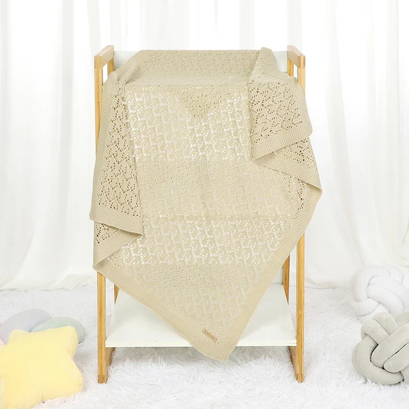 Algodão Knit Baby Blanket, Cama Infantil Meninas, Sofá Quilt, Xadrez, Hollow Out, Carrinho de Recém-nascido, Envoltório Swaddle, Super Macio, 90x70cm