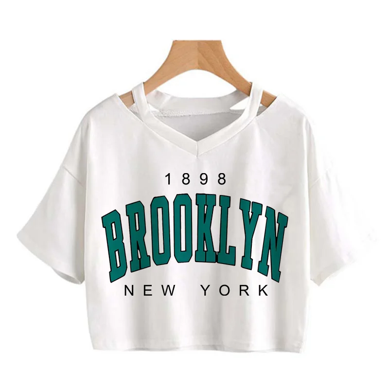 Brooklyn Strawberry Cherry Crop Top Casual T-Shirts Gothic Tee Shirt 90s Cropped Tshirt Women Summer Tops Streetwear Clothes