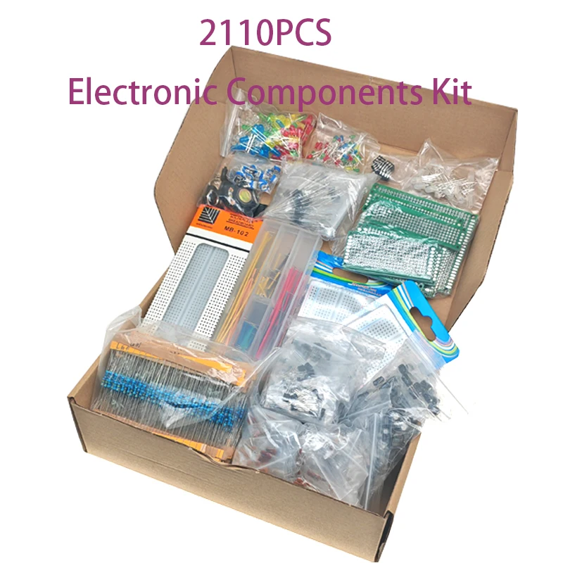 2110PCS Electronic Components Kit - Ultimate Edition with Capacitors Resistors T0-92 LED PCB Board IC Breadboard for DIY Project