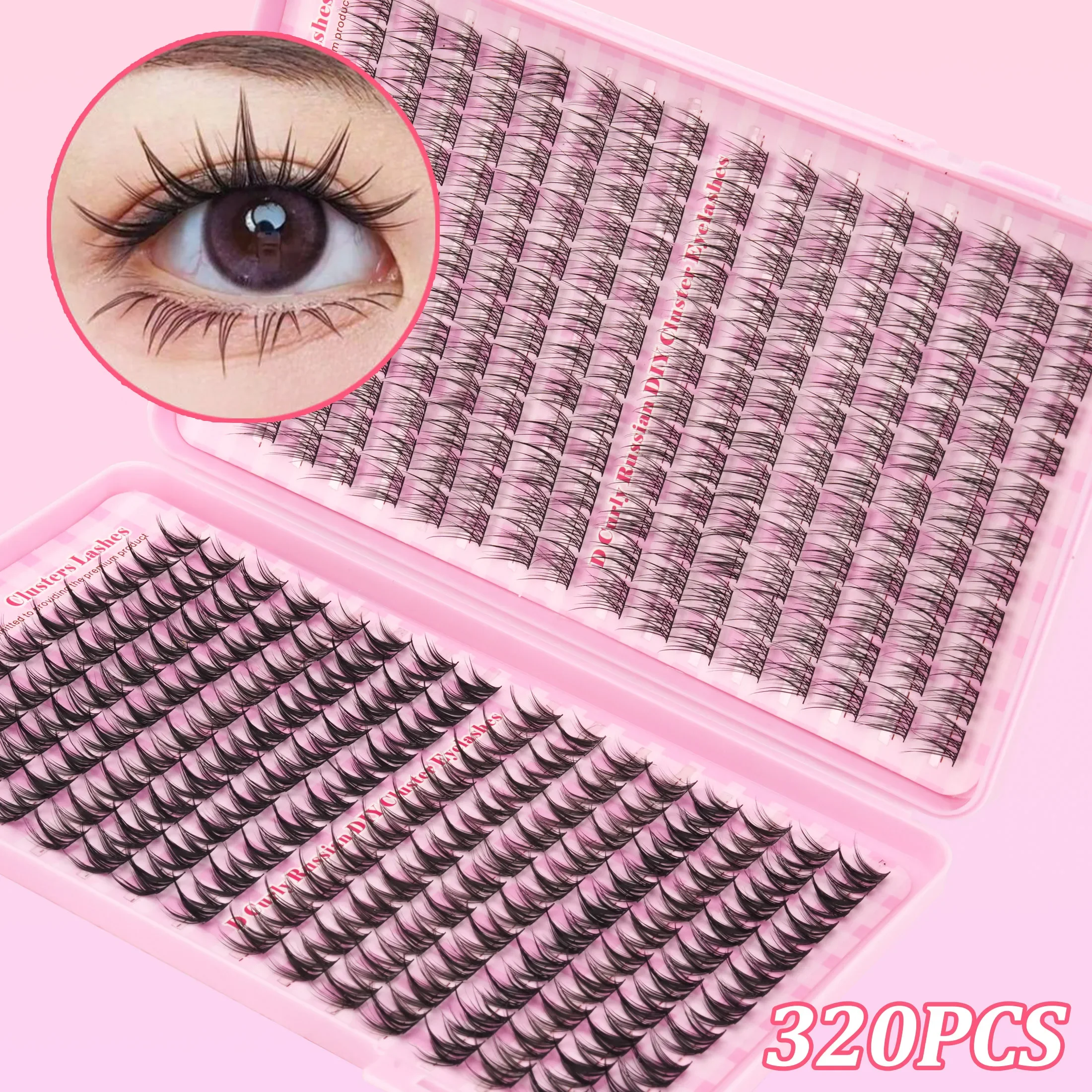 Russian D‑Curl Cluster Lashes Kit DIY Individual False Eyelashes With Bond Seal Tweezer Large Tray For Beginners Eye Makeup