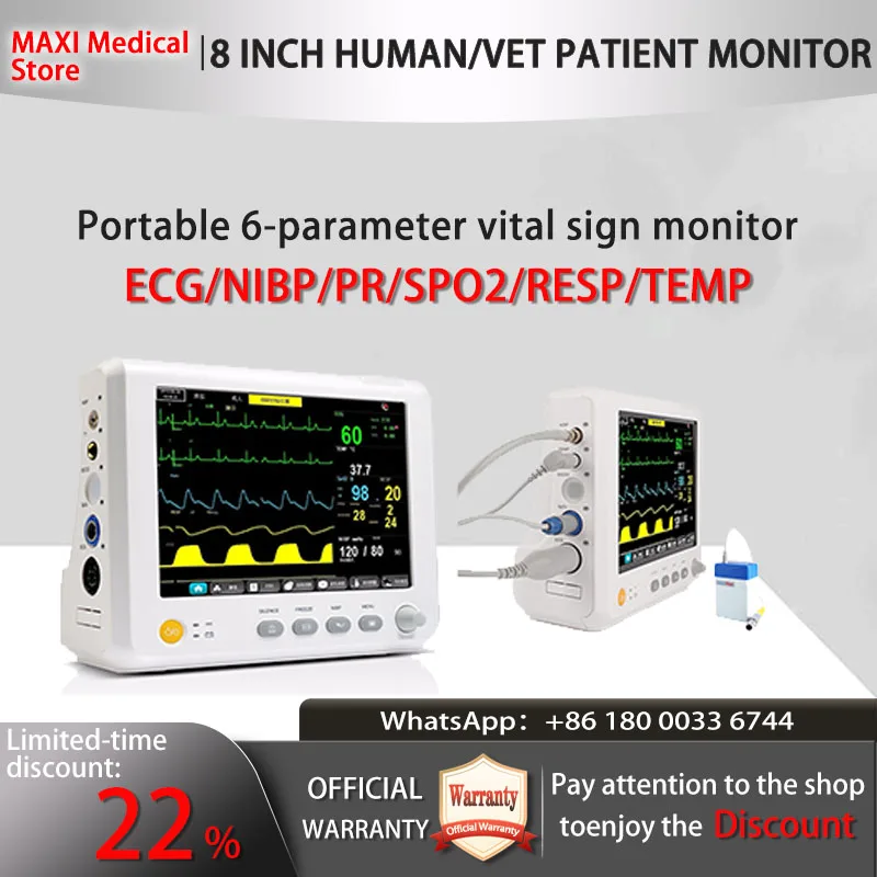 Pantalla de 8 pulgadas para uso humano/VET, monitor portátil de 6 parámetros ECG/NIBP/PR/SPO2/RESP/TEMP para pacientes, monitor de signos vitales