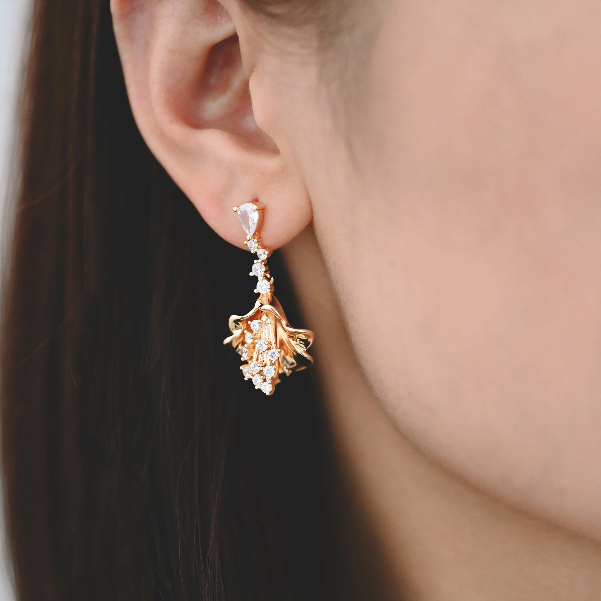 4pcs CZ Pave Gold/ Silver Tone Flower Earrings, 18K Gold/ Rhodium Plated Brass, Dainty Dangle Earrings (GB-4517)