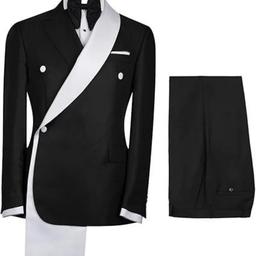 2 ピース最新スプライシングカラーメンズスーツセット結婚式新郎タキシード白黒ブレザー + パンツカスタムメイドウエディングドレスコート