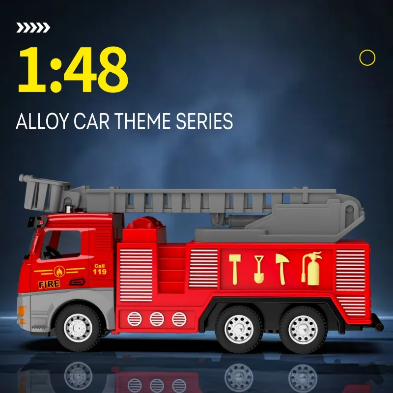 MQUDUO 1:48 Die Cast Fire Engine Model, Red Alloy Rescue Truck with Adjustable Ladder for Collector Display and Gift Giving