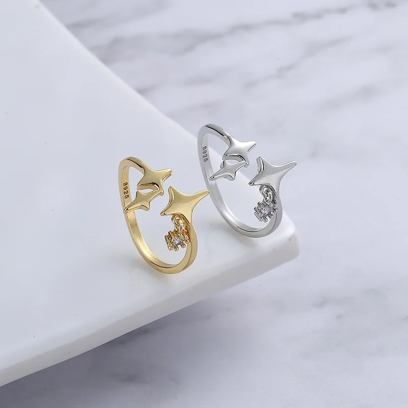 PANJBJ 925 Sterling Silber Vierzackiger Stern Glänzender Zirkon-Ring Hochwertiger Personalisierter Verstellbarer Schmuck – Detail 31