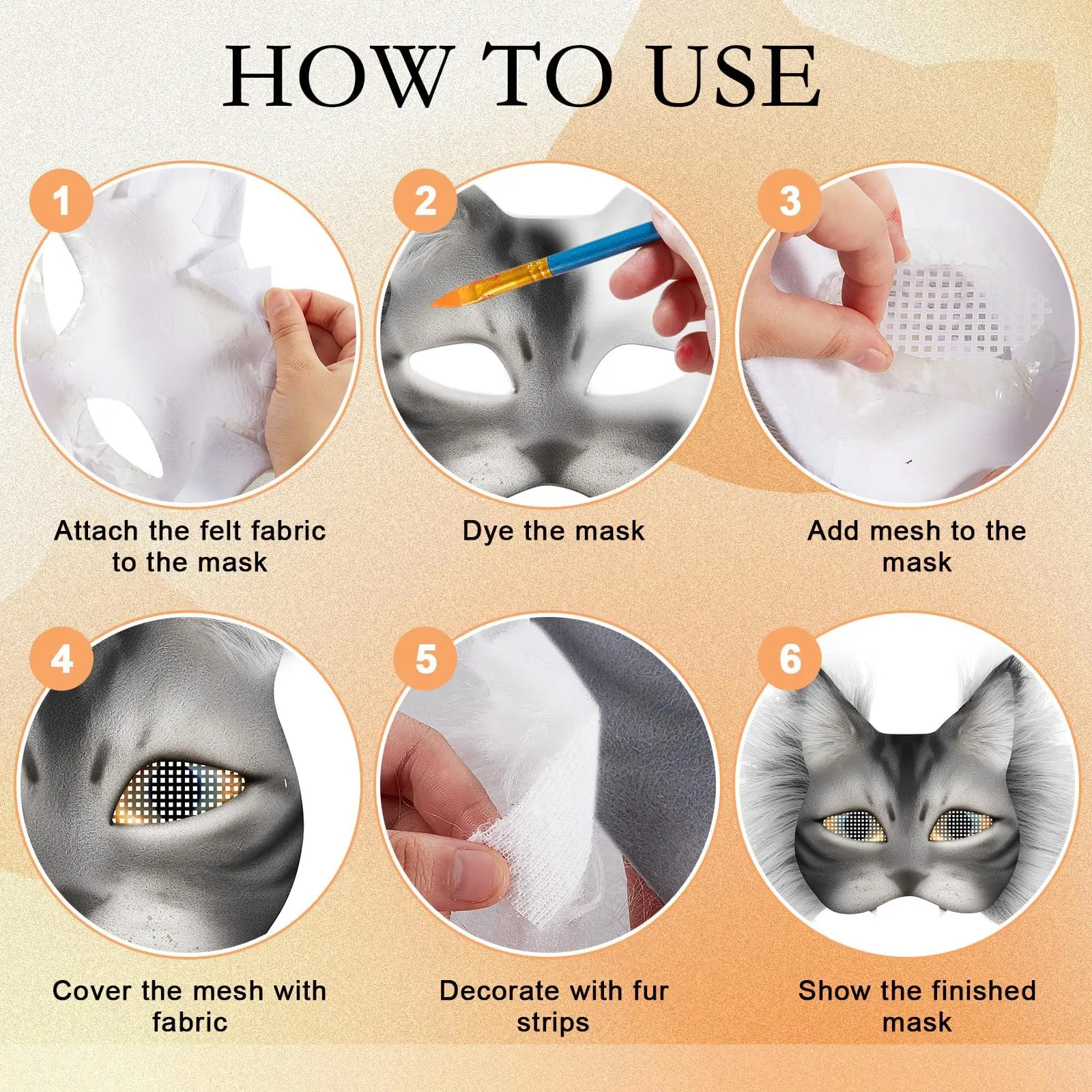 6 Set DIY Therian Mask Kit Paper Blank Cat Mask with Felt Fabric Sheet Plush Faux Fur Eye Mesh for Cosplay Birthday Party Gifts