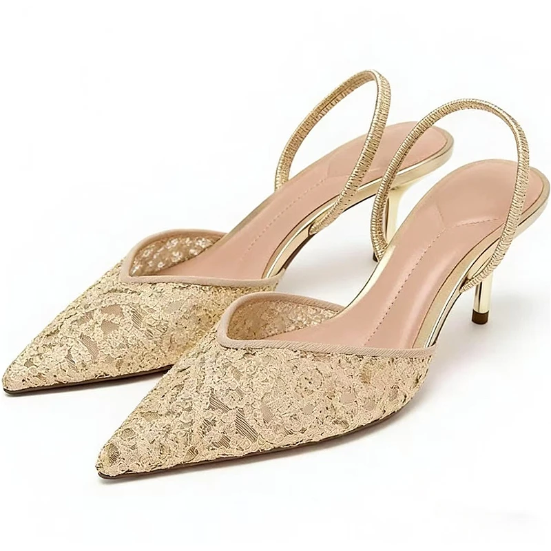 

Роскошные женские сандалии с вышитой сеткой, золотистые туфли на тонком каблуке для свадебной вечеринки, дышащие туфли-мюли с открытой пяткой и острым носком на резинке
