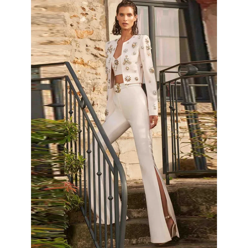 

Round Neck Beaded Short Jacket Pants Set New Fashion Jacket Split Bell Bottoms Set White Business Wear Flare Pants Suits