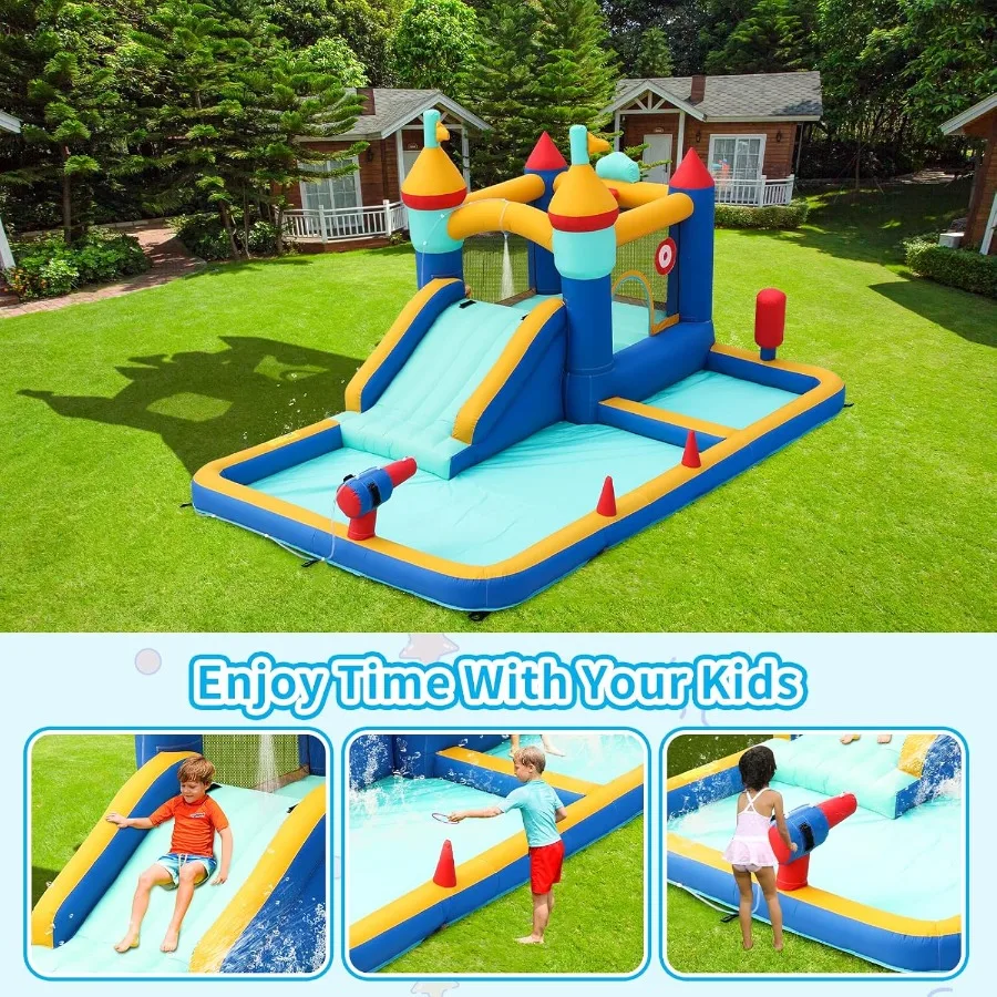 Springhuis met glijbaan, opblaasbaar kasteel met splash zwembadwaterkanonnen, springkasteel voor buiten/binnen met luchtblazer, ballenbak