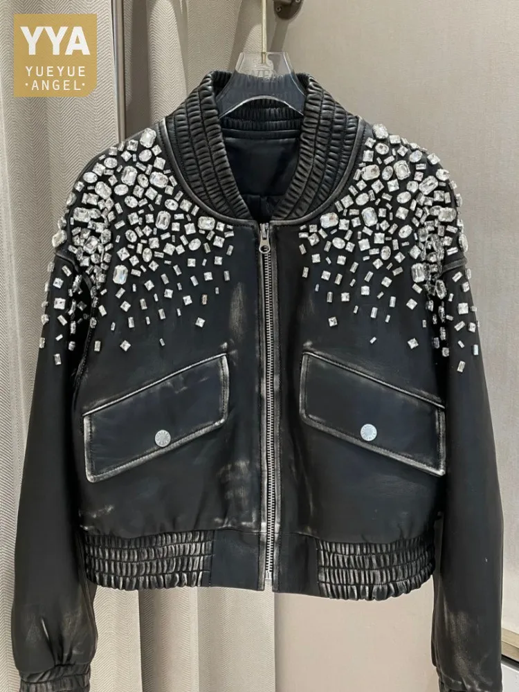 Punk Style Women Shiny Diamonds Sheepskin Genuine Leather Jacket Stand Collar Pockets Vintage Bomber Jacket New Stage Show Coat