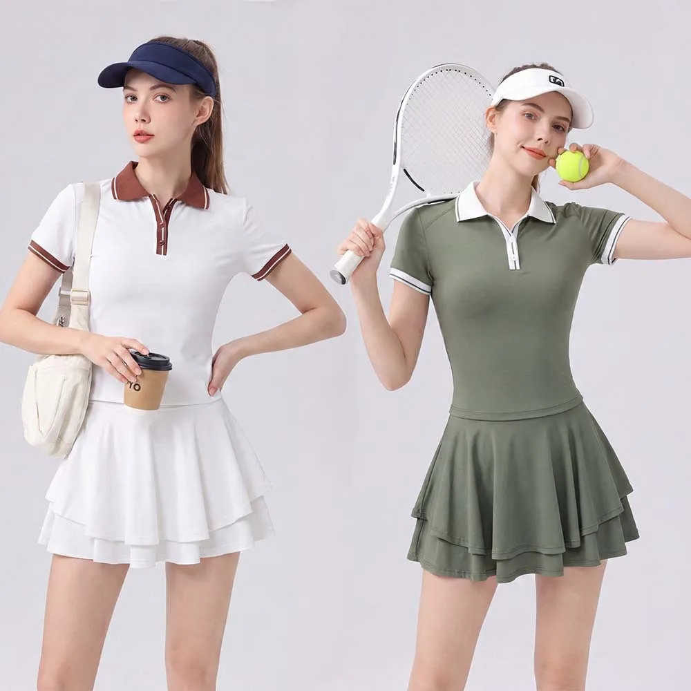 Fitness Suit Athletic Contrast Trim Crop Top Flared Pleated Shorts Stretchy Comfortable Yoga Outdoor Sports Wear Pockets