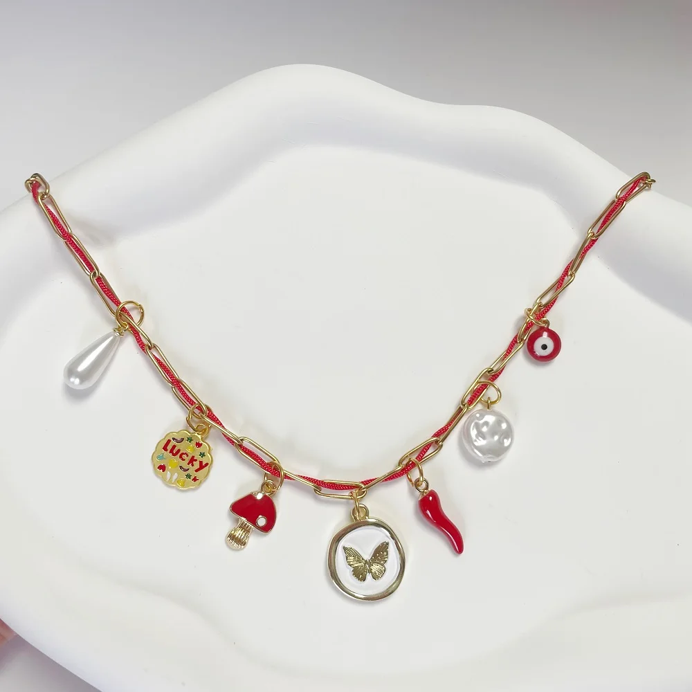 

Colorful Boho Charm Necklace with Evil Eye and Enamel Butterfly Fashion Link Chain Jewelry