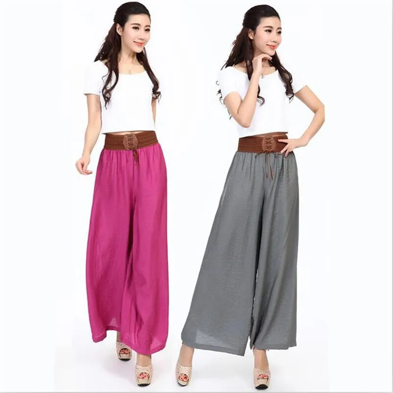 

Women Casual Long Pants Solid Drawstring Wide Belt Patchwork Wide Leg Pants Female High Waist Trousers -