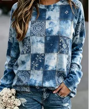 Women's Mandala Print Sweatshirt Blue Purple Plaid Boho Long Sleeve Crew Neck Top