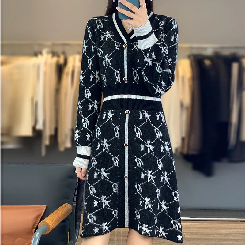 2023 Autumn Winter New Wool Skirt Women's V-Neck Long sleeved Pullover 100% Pure Wool Loose Jacquard Mid Length Elegant Dress