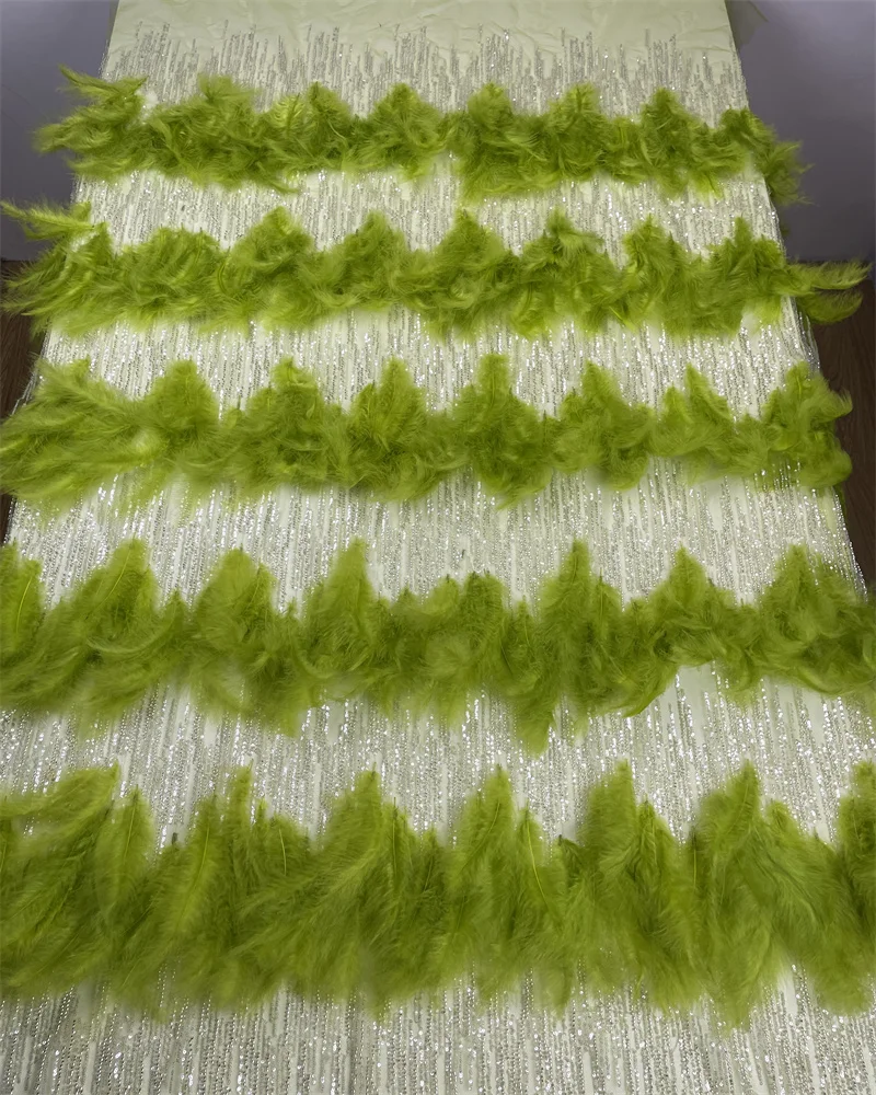 

Luxury African Handmade 3d Feather Heavy Beaded Lace Fabric High Quality French Sequin Tulle Lace for Wedding Dresses