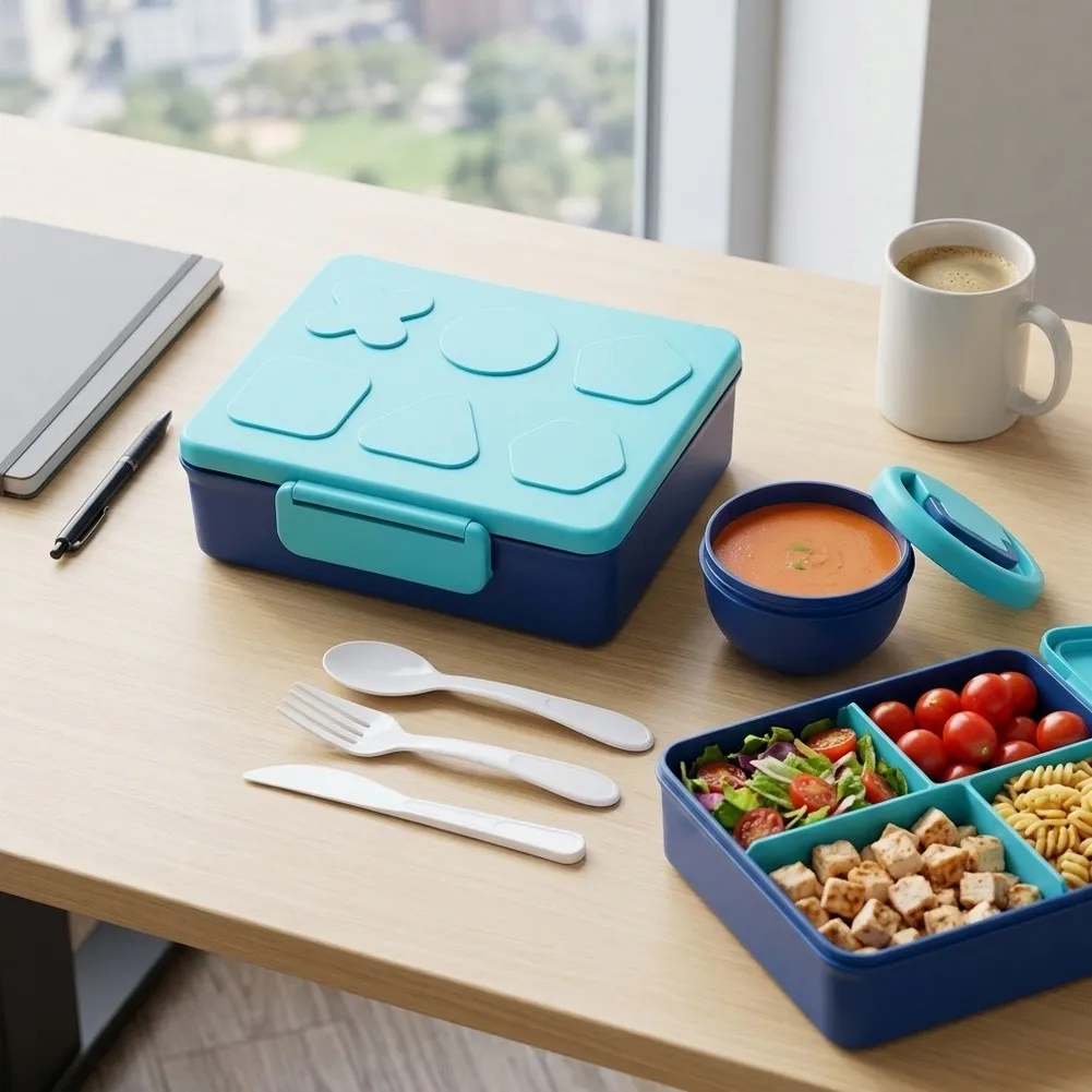 Food-Safe Divided Lunch Box with Tight-Seal Soup and Utensils for Work School and Outdoor Activities Food-Safe