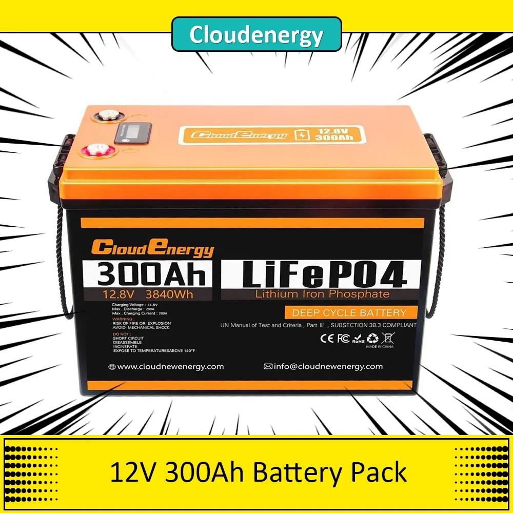 Cloudenergy 12V 300Ah LiFePO4 Battery Pack Backup Power, 3840Wh Energy, 6000+ Cycles, Built-in 200A BMS,Outdoors Application