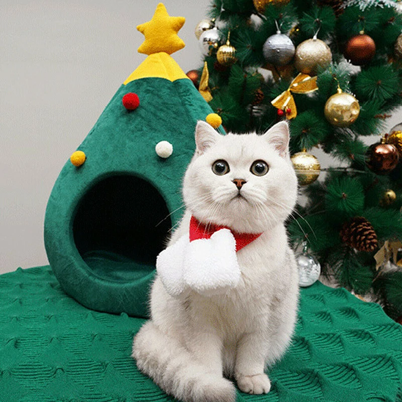 Merry Christmas Dog Cat Bed House Winter Warm Christmas Tree Dog Cat Home Soft Nest Pet Bed Cat Cave Tent Litter Box Pet Mat Pad