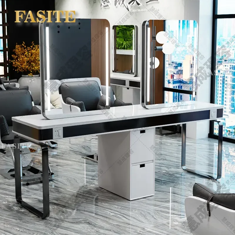 For Hair Double Sided Barber Mirror Table Floor to Ceiling Wall Mounted with LED Light High End Hair Cutting Station