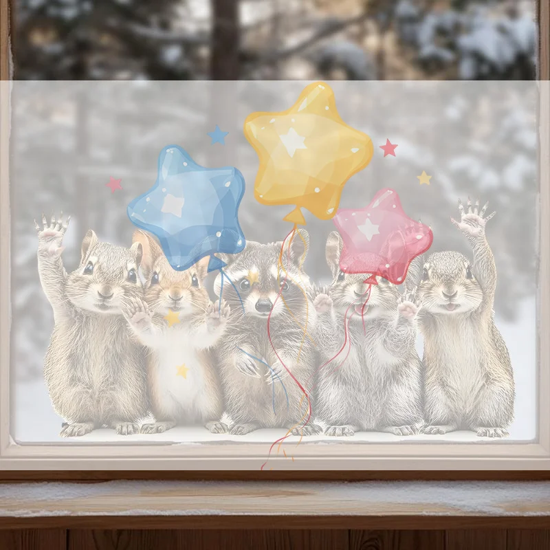 Cute Forest Animal Window Stickers Squirrel & Raccoon Waving Glass Art Decals For Home Living Room Bedroom