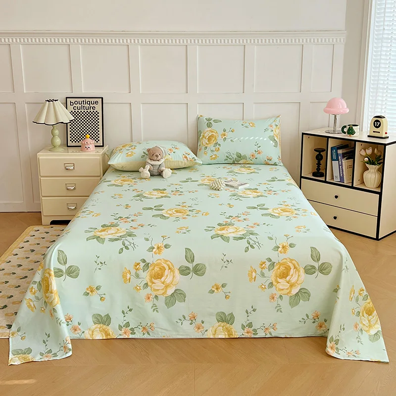 

New 100% Cotton 40S Mint Green Yellow Rose Floral Flat Sheet Soft Breathable Bed Cover 4 Sizes 120×230cm To 245×265cm Choose