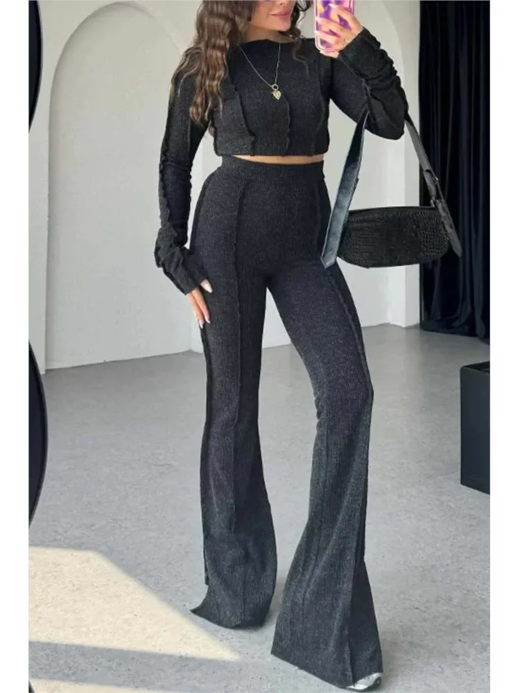 Women\'s Fashionable High-waisted Slim Solid Two-piece Sets Autumn Casual Long Sleeve Crop Tops Bell Bottoms 2 Piece Outfit Home