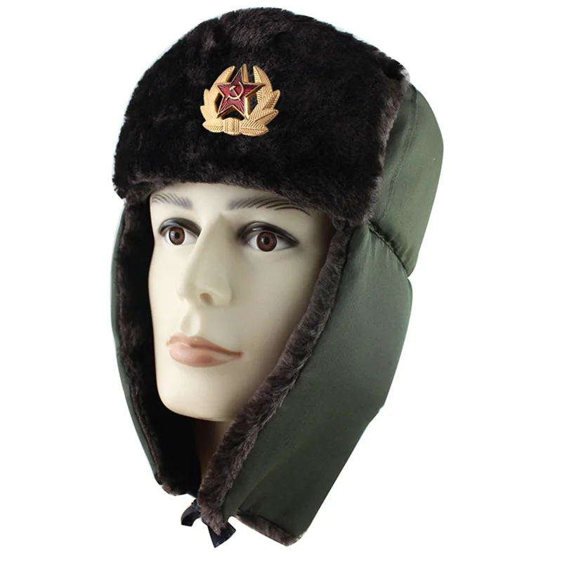 Soviet  Badge Russia Ushanka Bomber Hats Pilot Trapper trooper Hat Winter Faux Rabbit Fur Earflap Men Snow Caps