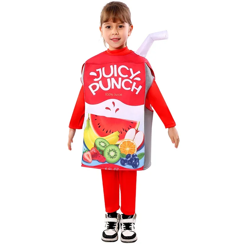 2024 Unisex Boy Red 3D Fruit Printed Pouch Drink Lunch Box Children Halloween Costumes Girl Juice Box Costume for Kids