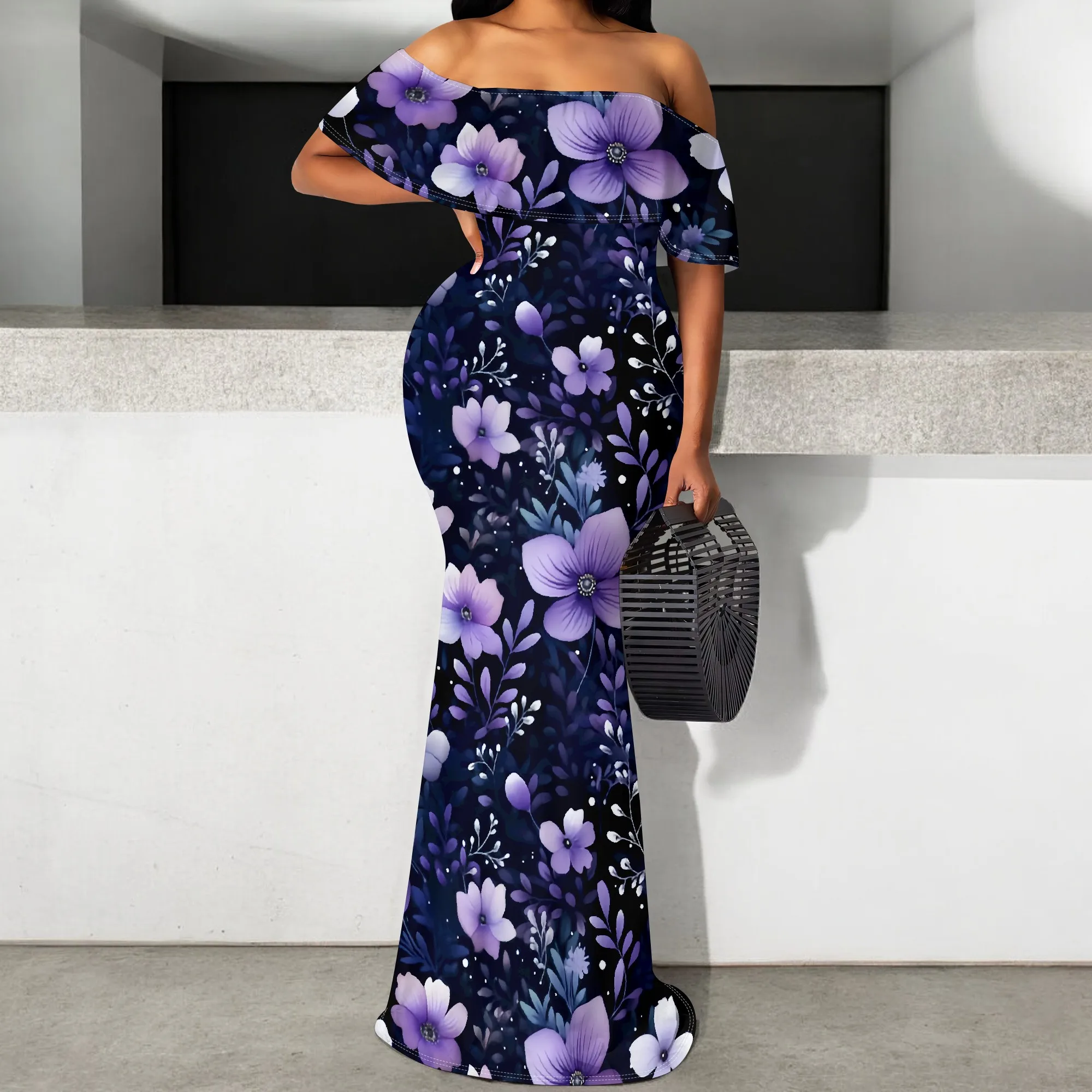 

Women's Purple Floral Evening Dress S-3XL Elegant Off Shoulder Night Party Gown