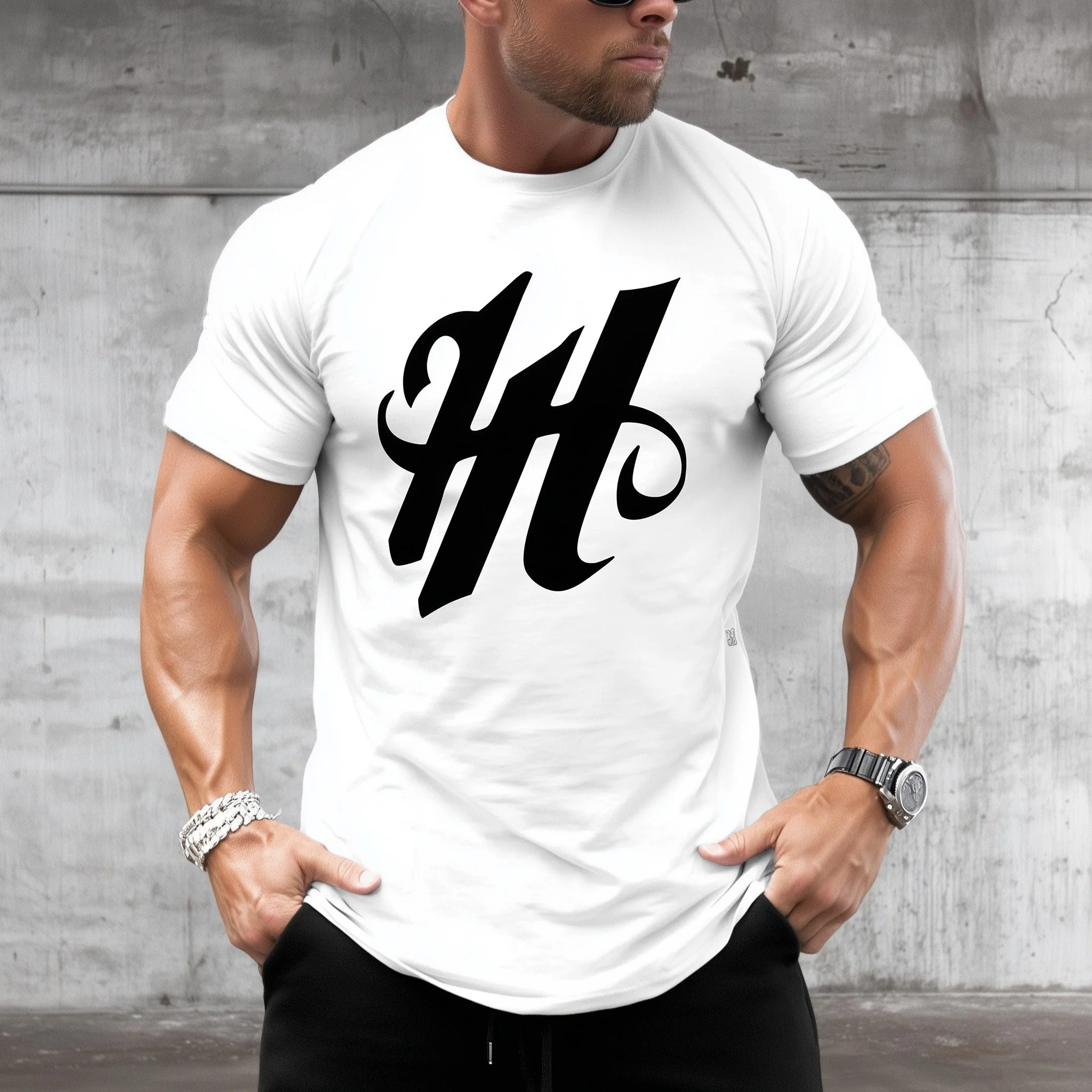 

Teevo Men's Slim Fit T-Shirt White Bold H Logo Casual Workout