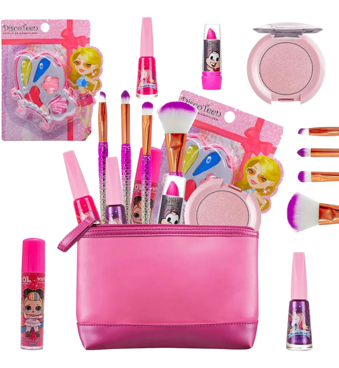 Children's Set With Makeup Necessaire + Enamel Lipstick Stick Colorful Enamels and Brushes BZ123