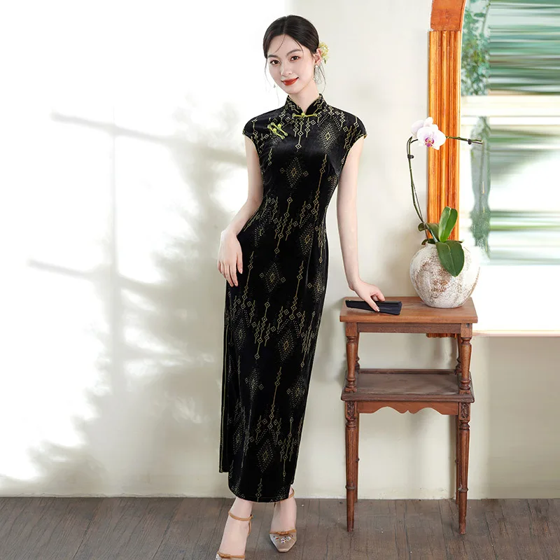 

Новинка 2025 года, улучшенное повседневное черное осеннее платье Cheongsam с принтом, новое осеннее платье в молодом стиле, элитное ретро-ципао