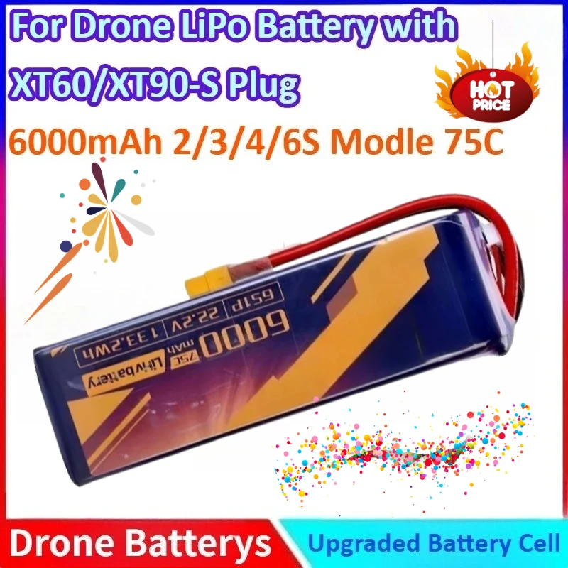

2/3/4/6S 6000mAh 75C High-Capacity High-Discharge LiPo Battery for RC Aircraft, FPV Drones, & Multirotors with XT60/XT90-S Plug