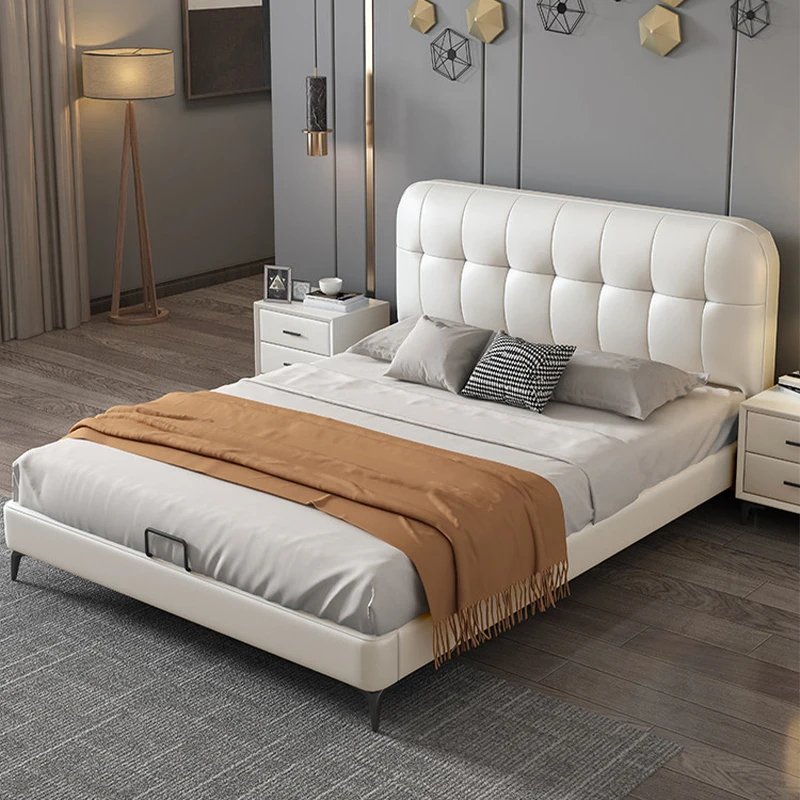 

#Italian White Leather Bed Luxury Double Storage Modern Soft King Bed Frame Minimalism Wooden Bedroom