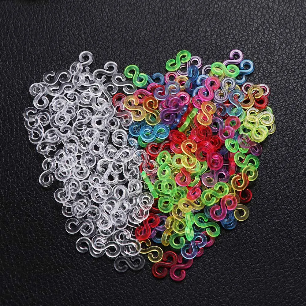 500pcs Colorful Clasp Acrylic S Clips Acrylic Transparent Loom Bands Braid Connector Rubber Band Clips DIY Necklace Bracelet