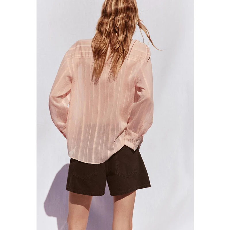 

Summer New Women's irt Single Row Multi-Bule Striped Simple Long Sve Turn-down Collar Top Polyester Fiber Commute Sle