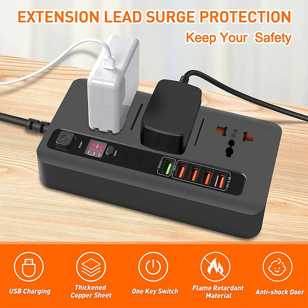 2500W Universal Outlet Power Strip With Extension Cable AC USB Port EU US UK Plug Network Filter Overload Protection Socket