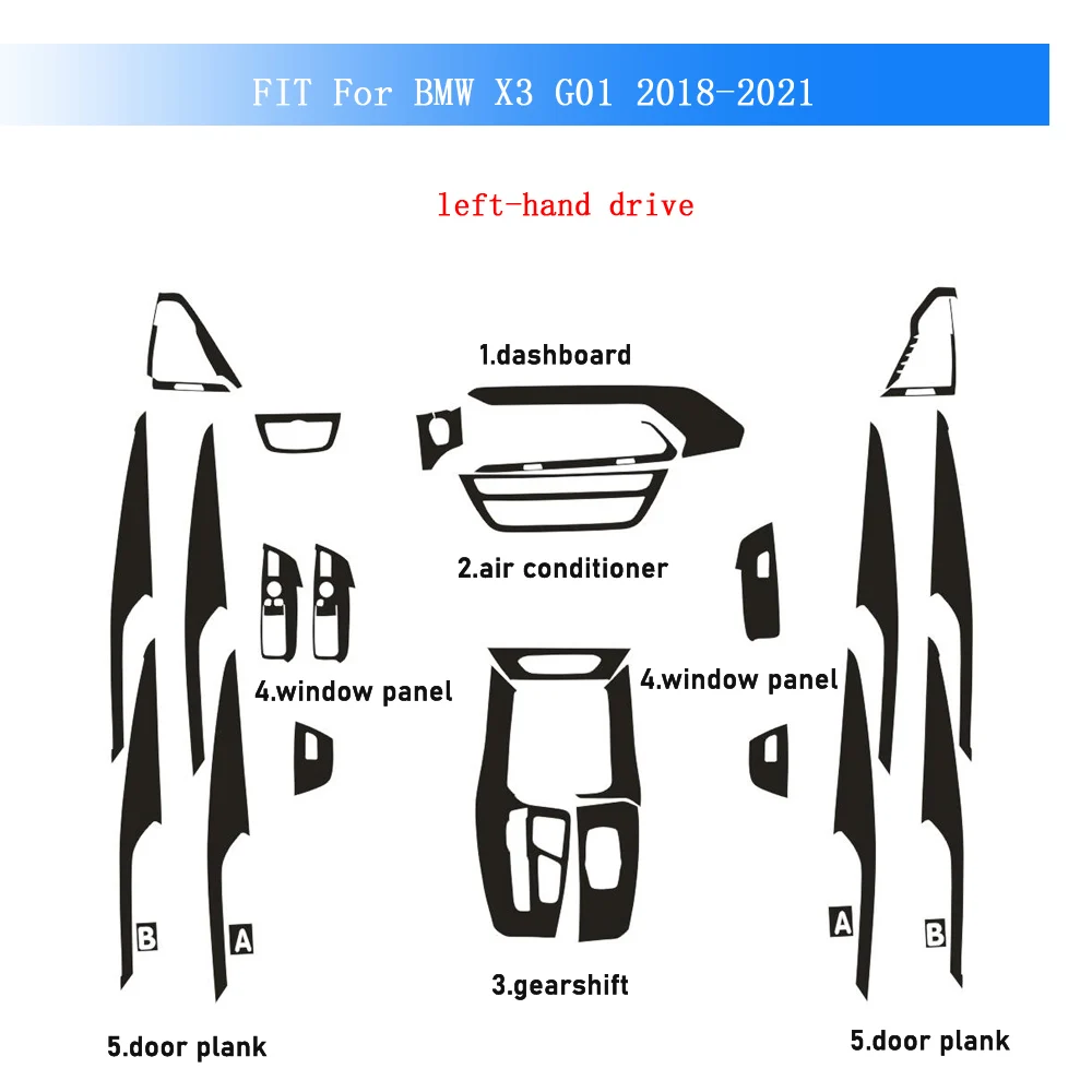 

Углеродное волокно для BMW X3 X4 G01 G02 2018-2021 Автомобильная пленка Внутренняя наклейка Центральная консоль Шестерня Приборная панель Воздушная дверная ручка Подъемная панель