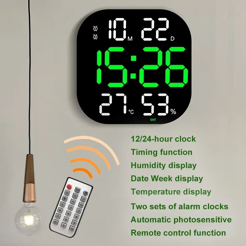 

13inch LED Large Digital Wall Clock with Remote Control TEMP Humidity Week Auto Dimmer 12/24H Alarm Clock for Home Office Decor