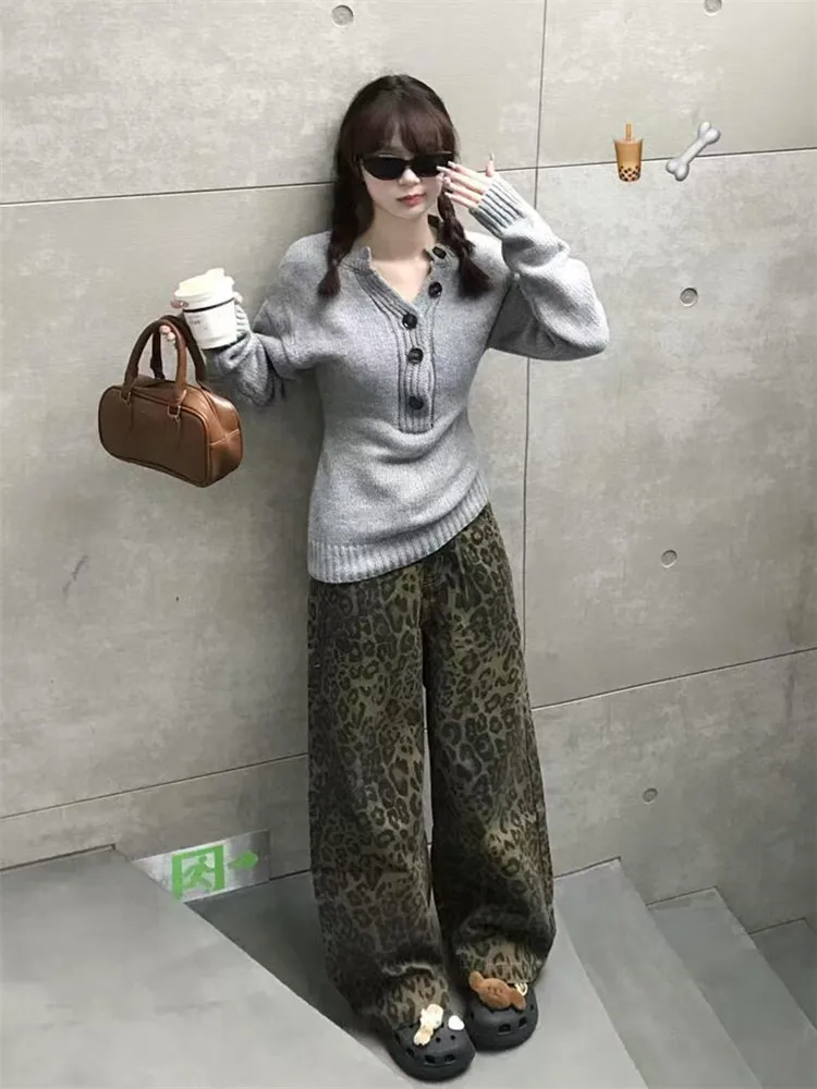 

Американские ретро-джинсы с леопардовым принтом, широкие, женские, весенние, свободные, с высокой талией, удлиненные, прямые, в пол