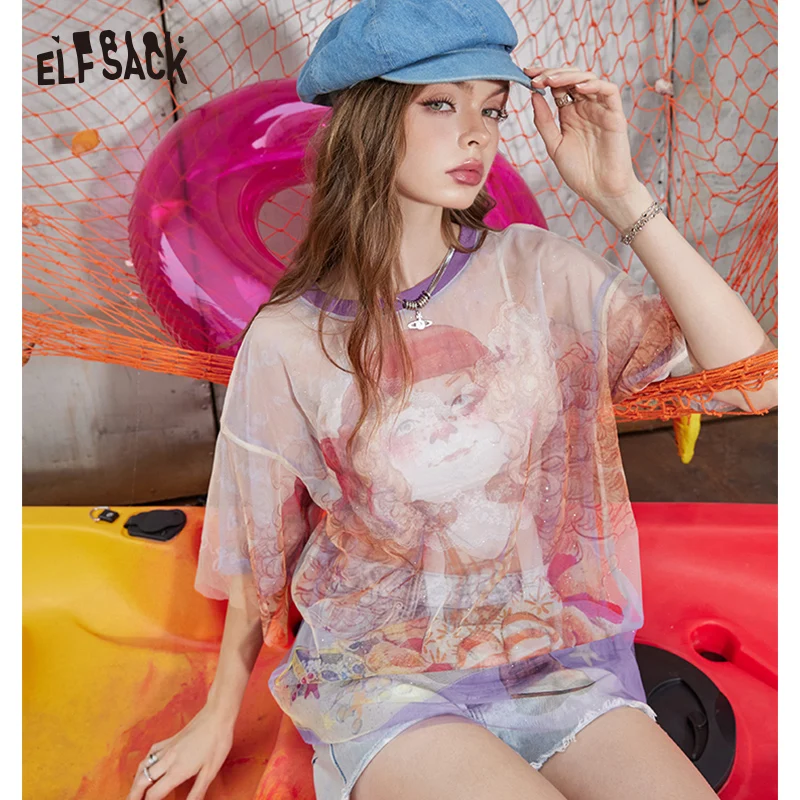 ELFSACK 2024 Summer New Arrivals Sparkling printed mesh short sleeved t-shirt for women, slightly translucent loose top