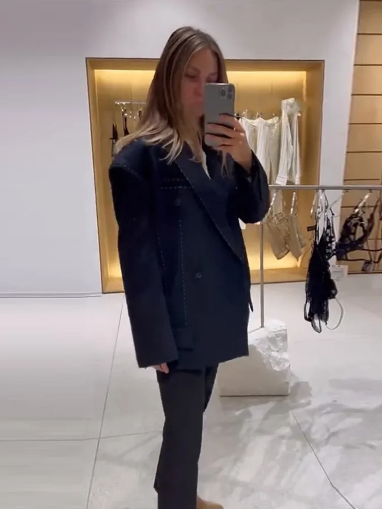 캐주얼 라인 블레이저 코트 팬츠 세트 여성용 라펠 긴 소매 더블 브레스티드 블레이저 와이드 레그 롱 트라우저 여성 의상 2025 가을